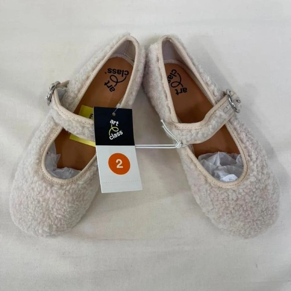 Cream & tan faux fur Mary Jane ballet flats